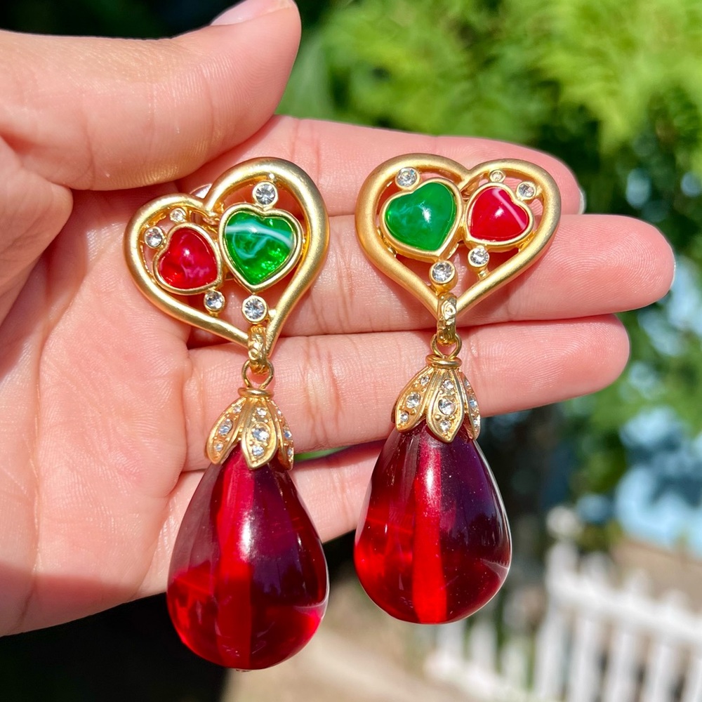 Long Catwalk Jon Green & Red Glass Cabochon Drop Earrings